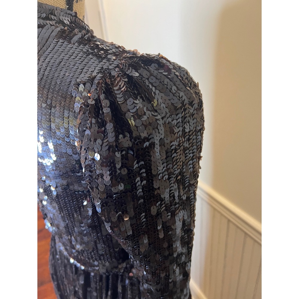 Mac Duggal 93642 Sequin Bow Shoulder Long Sleeve Midi cocktail Dress brown - Picture 15 of 16